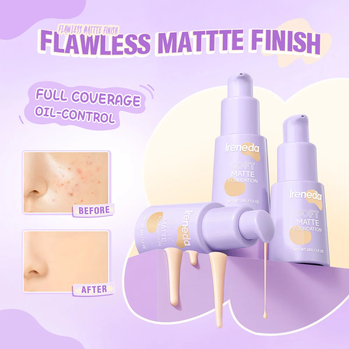 Ireneda Soft Matte Foundation – full-coverage, lightweight, oil-free foundation for a natural matte finish. Pore-blurring, sweat-proof & long-lasting. Halal, vegan, and cruelty-free makeup in Pakistan.