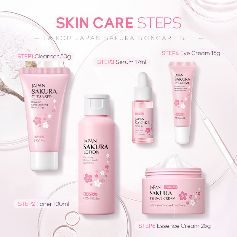 LAIKOU Japan Sakura 5-Piece Skincare Set β hydrating & brightening skincare routine with Japanese Sakura extract. Deeply moisturizes & revitalizes. Available in Pakistan.