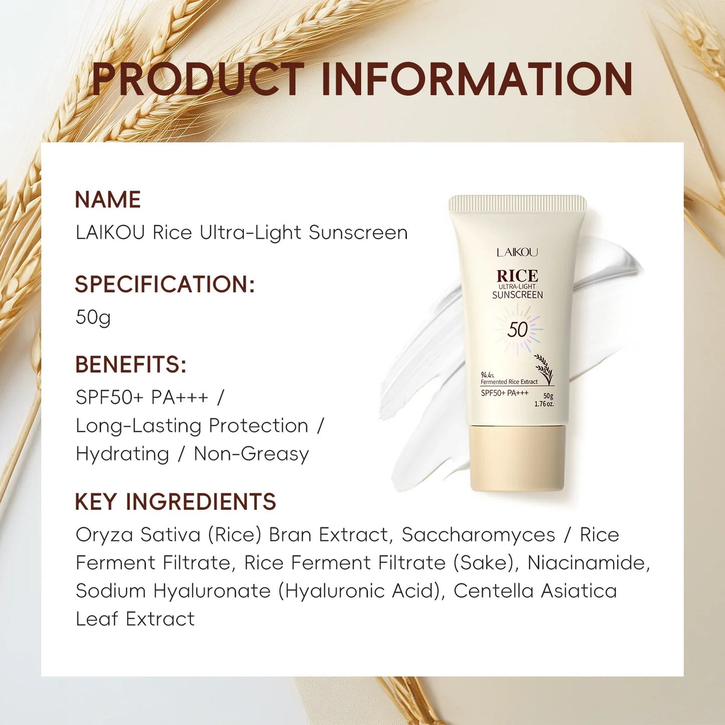 LAIKOU Rice Ultra-Light Sunscreen | 50g