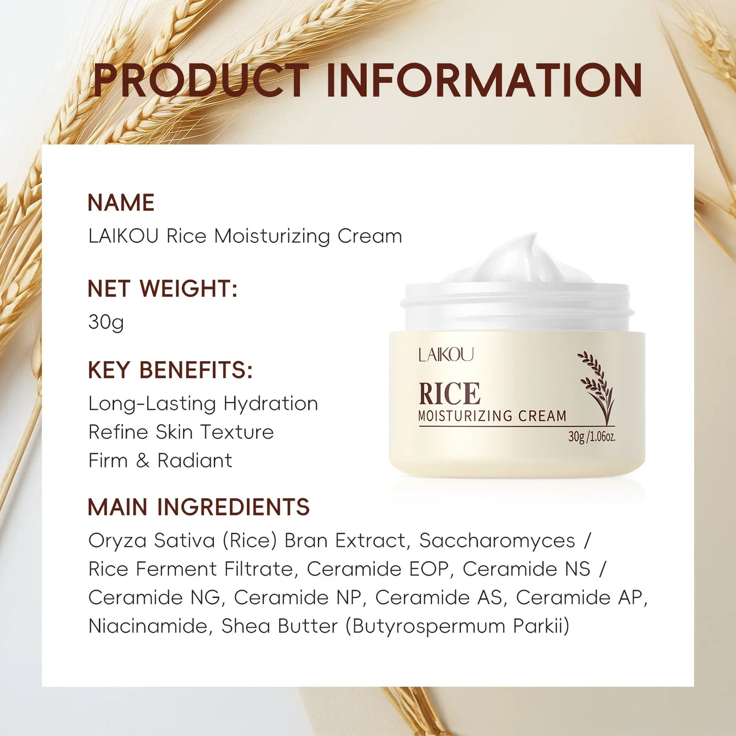 LAIKOU Rice Moisturizing Cream | 30g