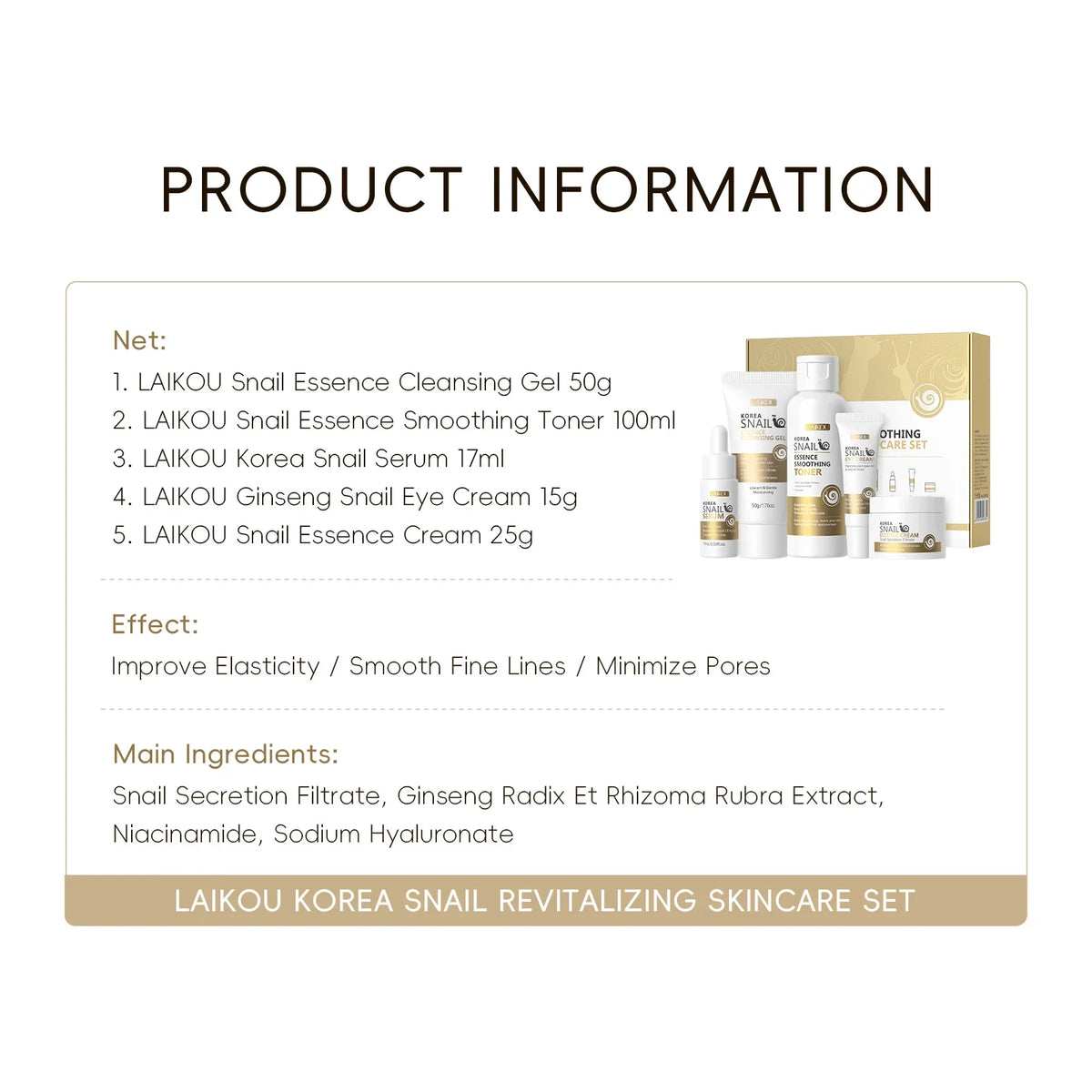 LAIKOU Korea Snail Revitalizing 5Pcs Skincare Set (FREE DELIVERY)