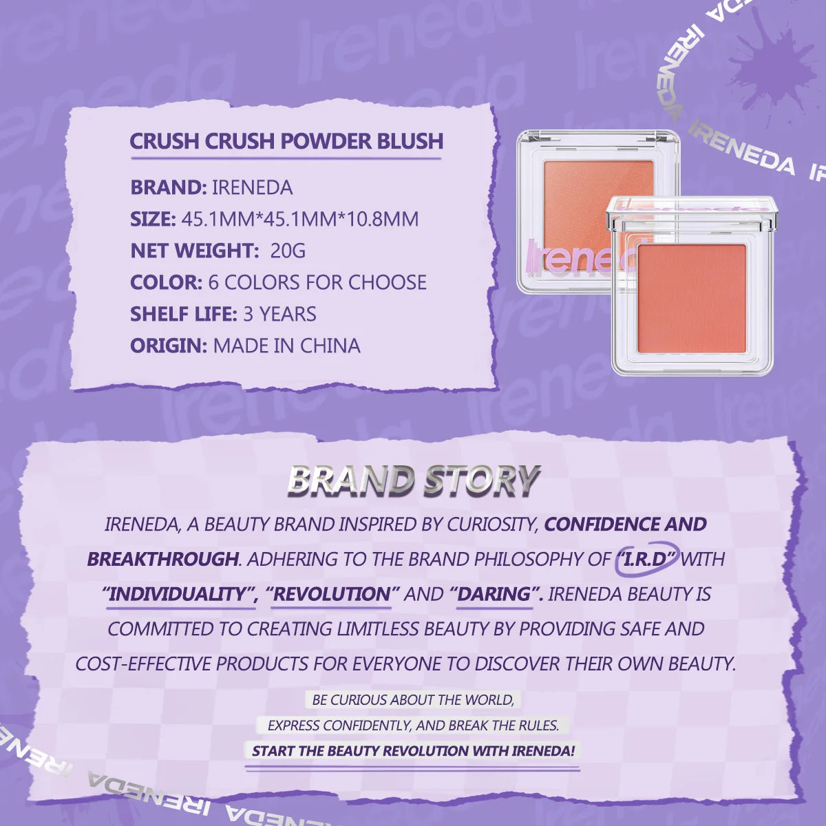 Ireneda Crush Crush Powder Blush – lightweight, blendable, highly pigmented, and long-lasting. Silky-smooth, non-chalky formula for a natural flush. Halal, vegan, and cruelty-free makeup in Pakistan.