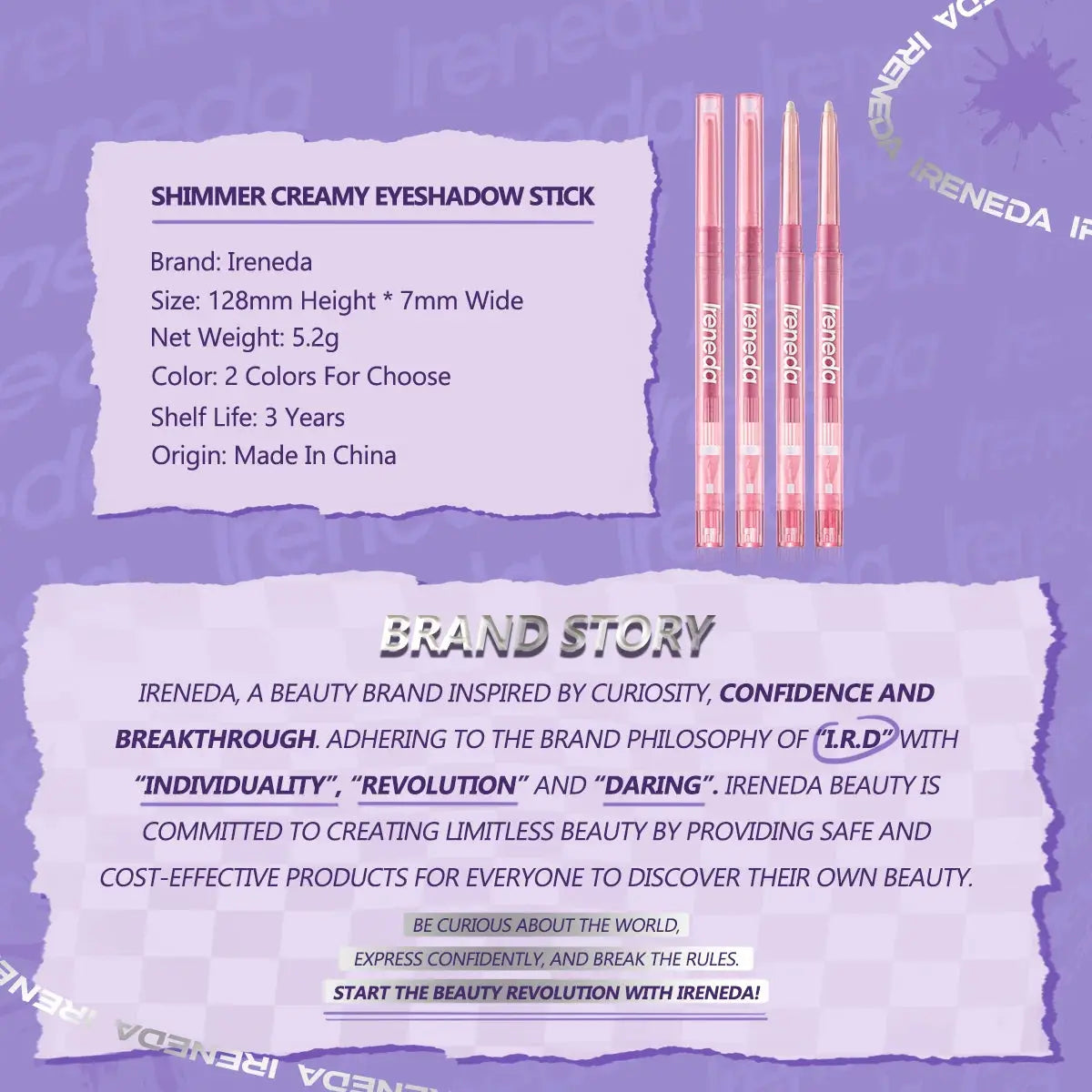 Ireneda Shimmer Creamy Eyeshadow Stick – waterproof, long-lasting, highly pigmented, smudge-proof eyeshadow with shimmer finish. Easy to apply, blendable, and perfect for all-day wear. Halal, vegan, and cruelty-free makeup in Pakistan.
