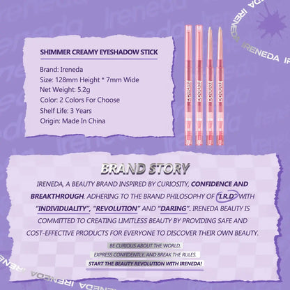 Ireneda Shimmer Creamy Eyeshadow Stick – waterproof, long-lasting, highly pigmented, smudge-proof eyeshadow with shimmer finish. Easy to apply, blendable, and perfect for all-day wear. Halal, vegan, and cruelty-free makeup in Pakistan.