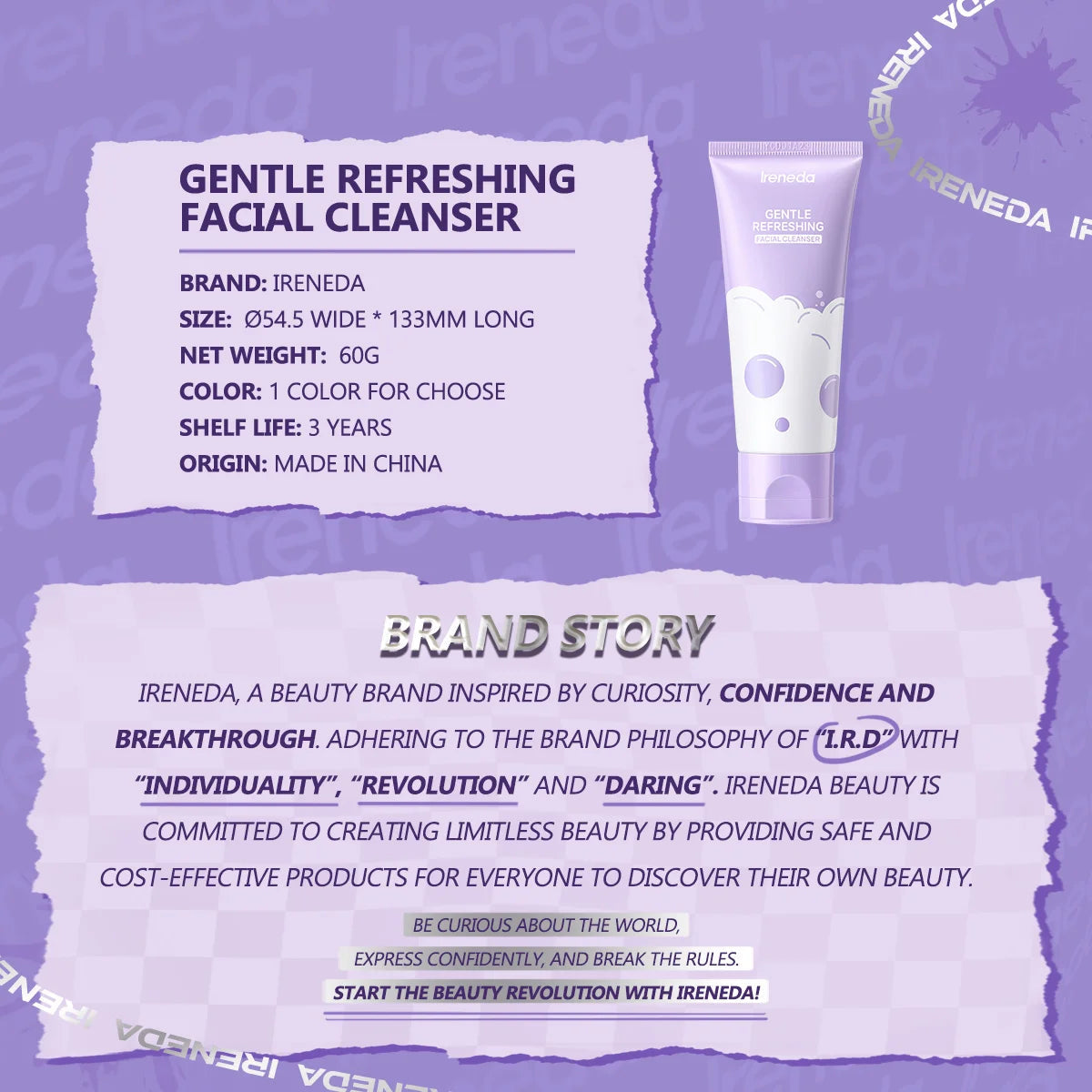 Ireneda Gentle Refreshing Facial Cleanser – deep cleansing, hydrating, and non-drying formula for all skin types. Removes dirt, oil, and makeup while keeping skin soft and refreshed. Halal, vegan, and cruelty-free skincare in Pakistan.