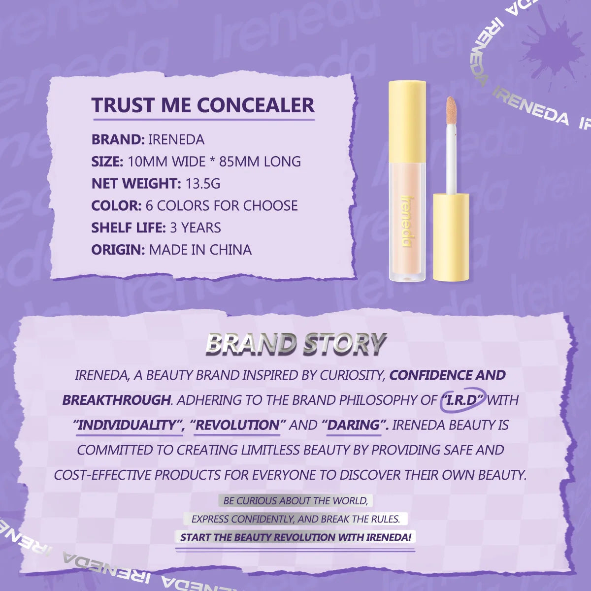 Ireneda Trust Me Concealer – full-coverage, lightweight, long-lasting concealer for flawless skin. Crease-proof, hydrating, and non-cakey formula. Halal, vegan, and cruelty-free makeup in Pakistan.