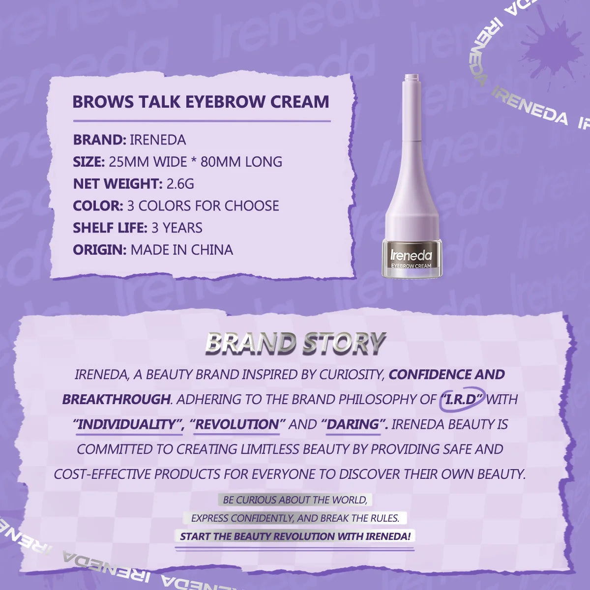 Ireneda Brows Talk Eyebrow Cream – waterproof, smudge-proof, long-lasting formula for perfectly defined brows. Highly pigmented, buildable, and easy to apply. Halal, vegan, and cruelty-free makeup in Pakistan.