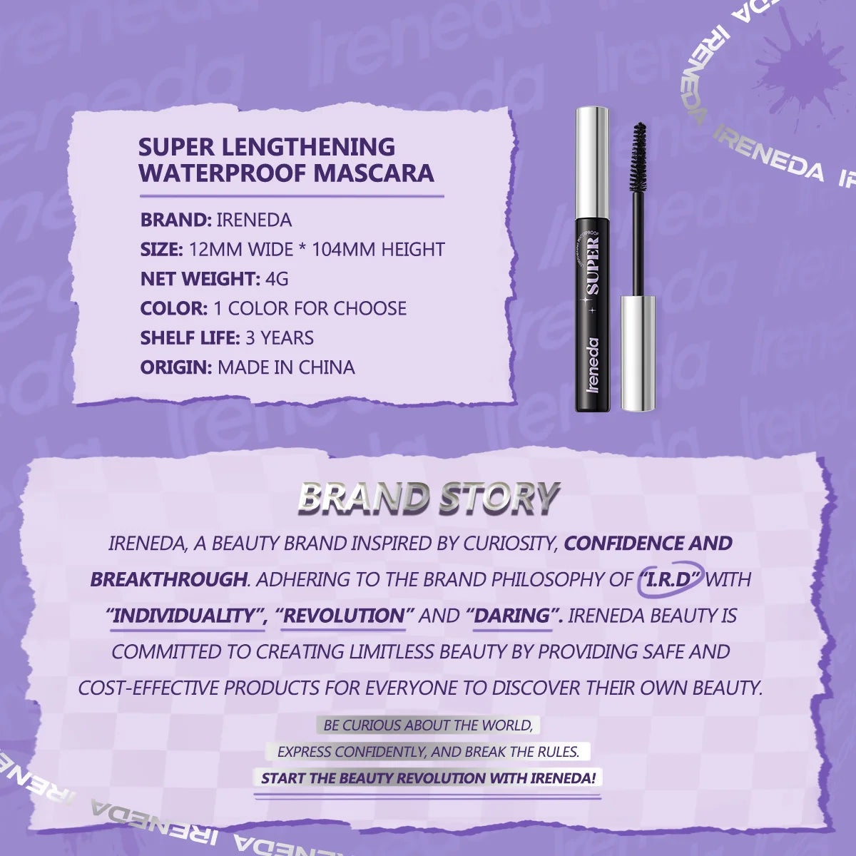 Ireneda Super Lengthening Waterproof Mascara – ultra-black, waterproof, smudge-proof formula for bold, voluminous lashes. Long-lasting, non-clumpy, and lightweight. Halal, vegan, and cruelty-free mascara in Pakistan.