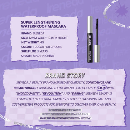 Ireneda Super Lengthening Waterproof Mascara – ultra-black, waterproof, smudge-proof formula for bold, voluminous lashes. Long-lasting, non-clumpy, and lightweight. Halal, vegan, and cruelty-free mascara in Pakistan.
