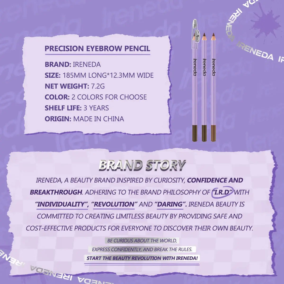Ireneda Precision Eyebrow Pencil – waterproof, smudge-proof, and ultra-fine tip for natural, hair-like strokes. Built-in spoolie for blending. Long-lasting and easy to apply. Halal, vegan, and cruelty-free eyebrow pencil in Pakistan.