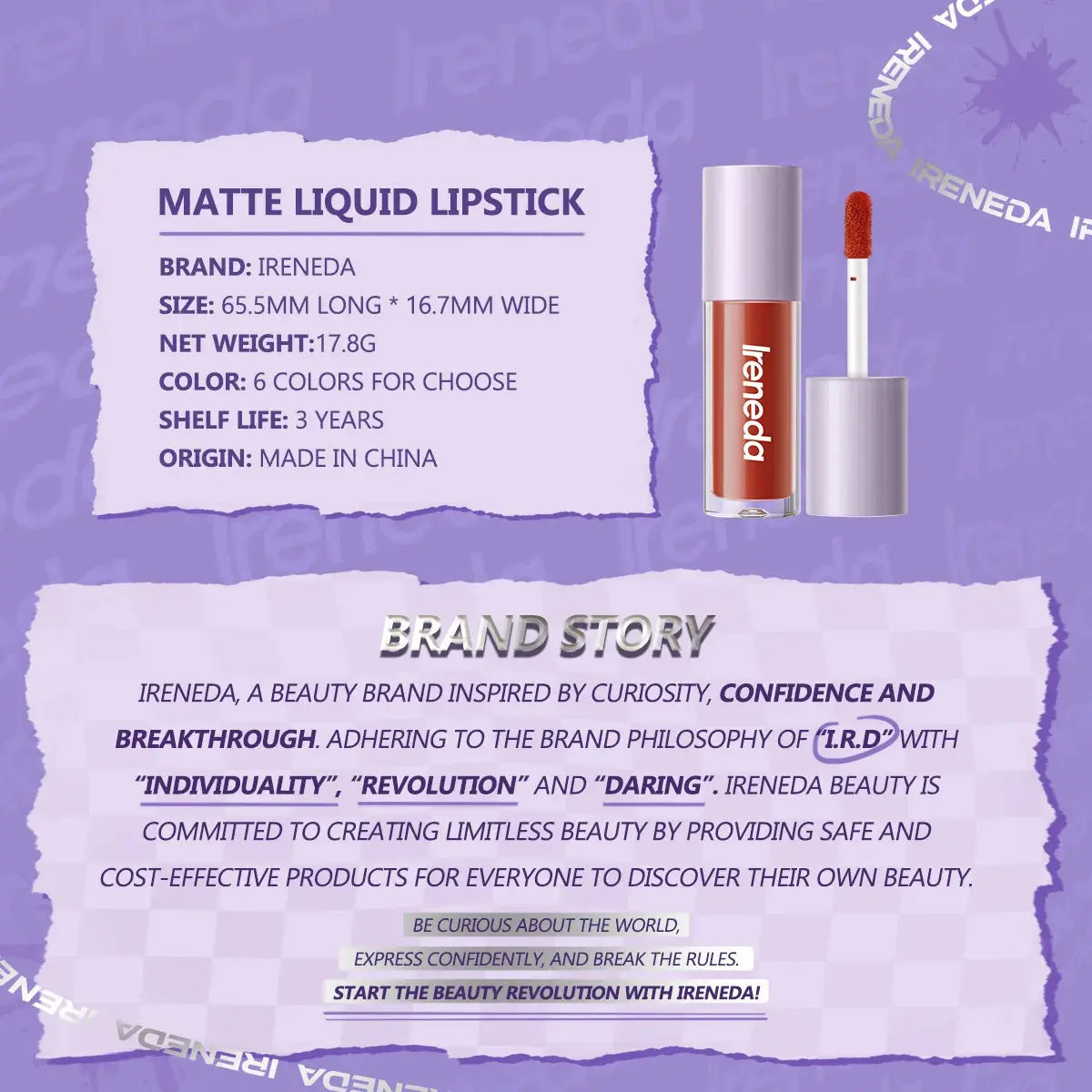 Ireneda Matte Liquid Lipstick – ultra-pigmented, long-lasting, transfer-proof, and lightweight formula. Comfortable matte finish for bold lips. Halal, vegan, and cruelty-free makeup in Pakistan.