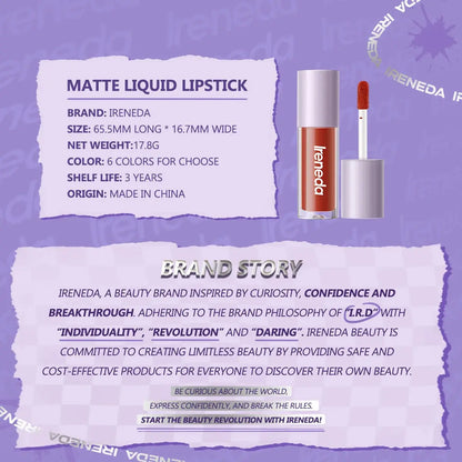 Ireneda Matte Liquid Lipstick – ultra-pigmented, long-lasting, transfer-proof, and lightweight formula. Comfortable matte finish for bold lips. Halal, vegan, and cruelty-free makeup in Pakistan.