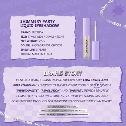 Ireneda Shimmery Party Liquid Eyeshadow – ultra-glittery, long-lasting, crease-proof liquid eyeshadow for dazzling eye makeup. Lightweight, quick-drying, and blendable. Halal, vegan, and cruelty-free makeup in Pakistan.