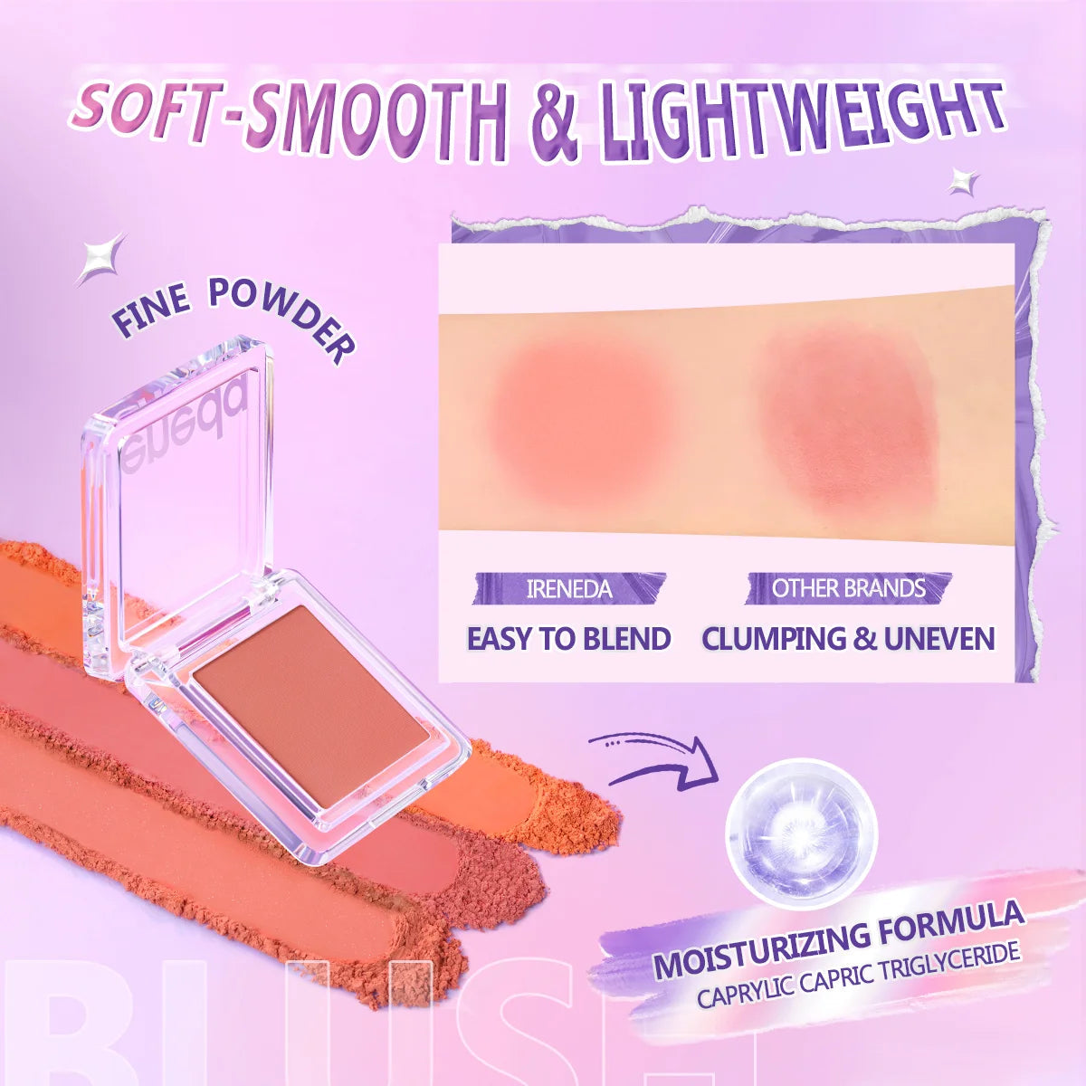 Ireneda Crush Crush Powder Blush – lightweight, blendable, highly pigmented, and long-lasting. Silky-smooth, non-chalky formula for a natural flush. Halal, vegan, and cruelty-free makeup in Pakistan.