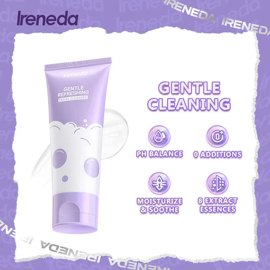 Ireneda Gentle Refreshing Facial Cleanser – deep cleansing, hydrating, and non-drying formula for all skin types. Removes dirt, oil, and makeup while keeping skin soft and refreshed. Halal, vegan, and cruelty-free skincare in Pakistan.
