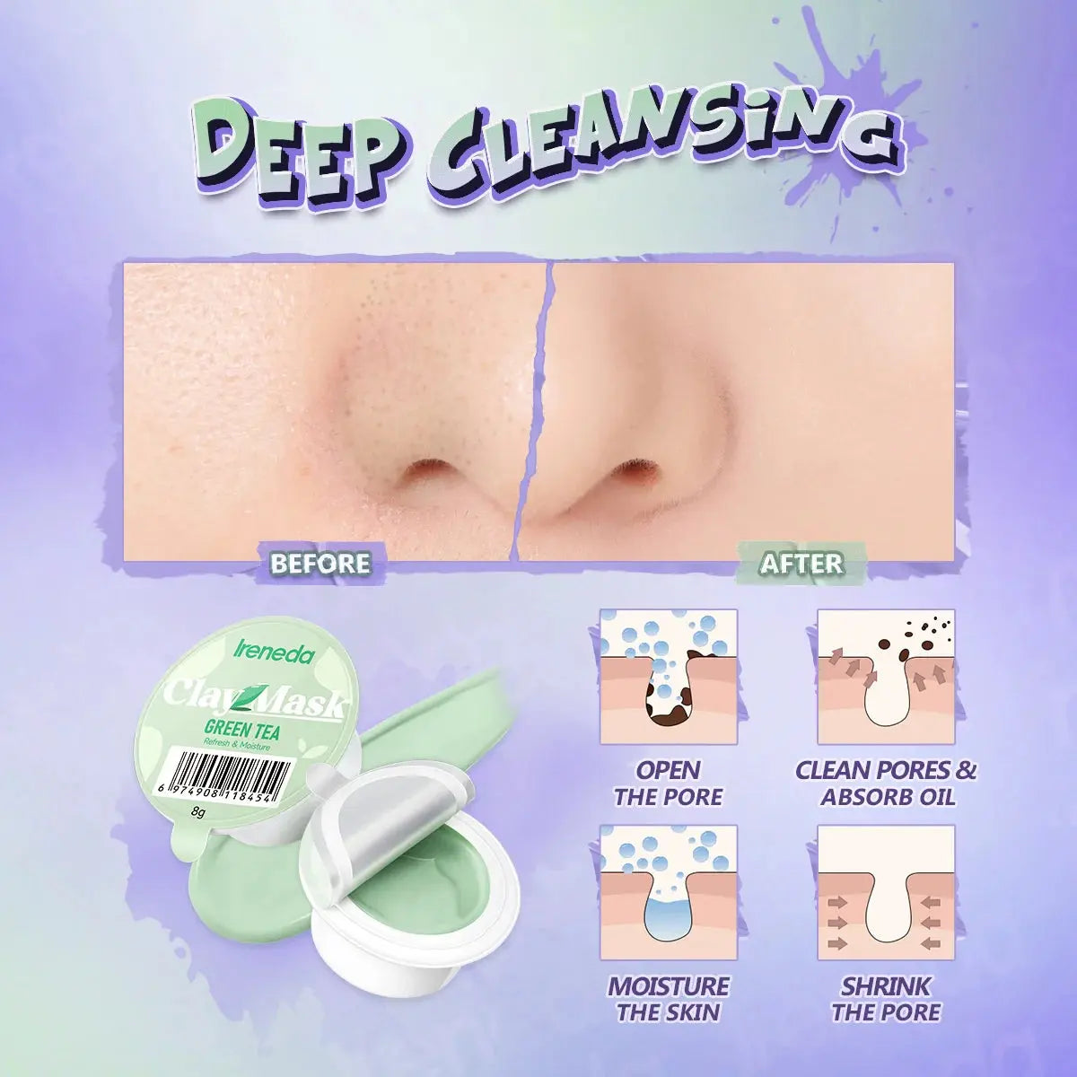 Ireneda Green Tea Clay Mask – deep cleansing, oil-controlling, and acne-fighting mask with green tea and kaolin clay. Hydrating and non-drying. Halal, vegan, and cruelty-free skincare in Pakistan.