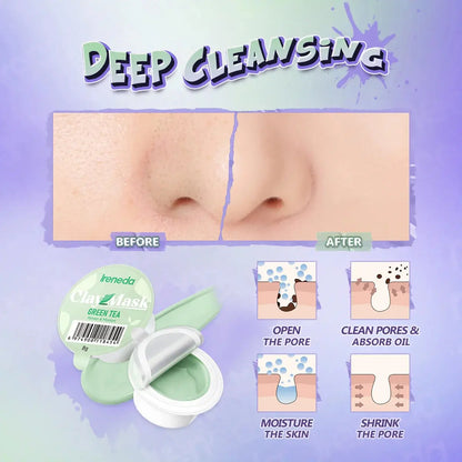 Ireneda Green Tea Clay Mask – deep cleansing, oil-controlling, and acne-fighting mask with green tea and kaolin clay. Hydrating and non-drying. Halal, vegan, and cruelty-free skincare in Pakistan.