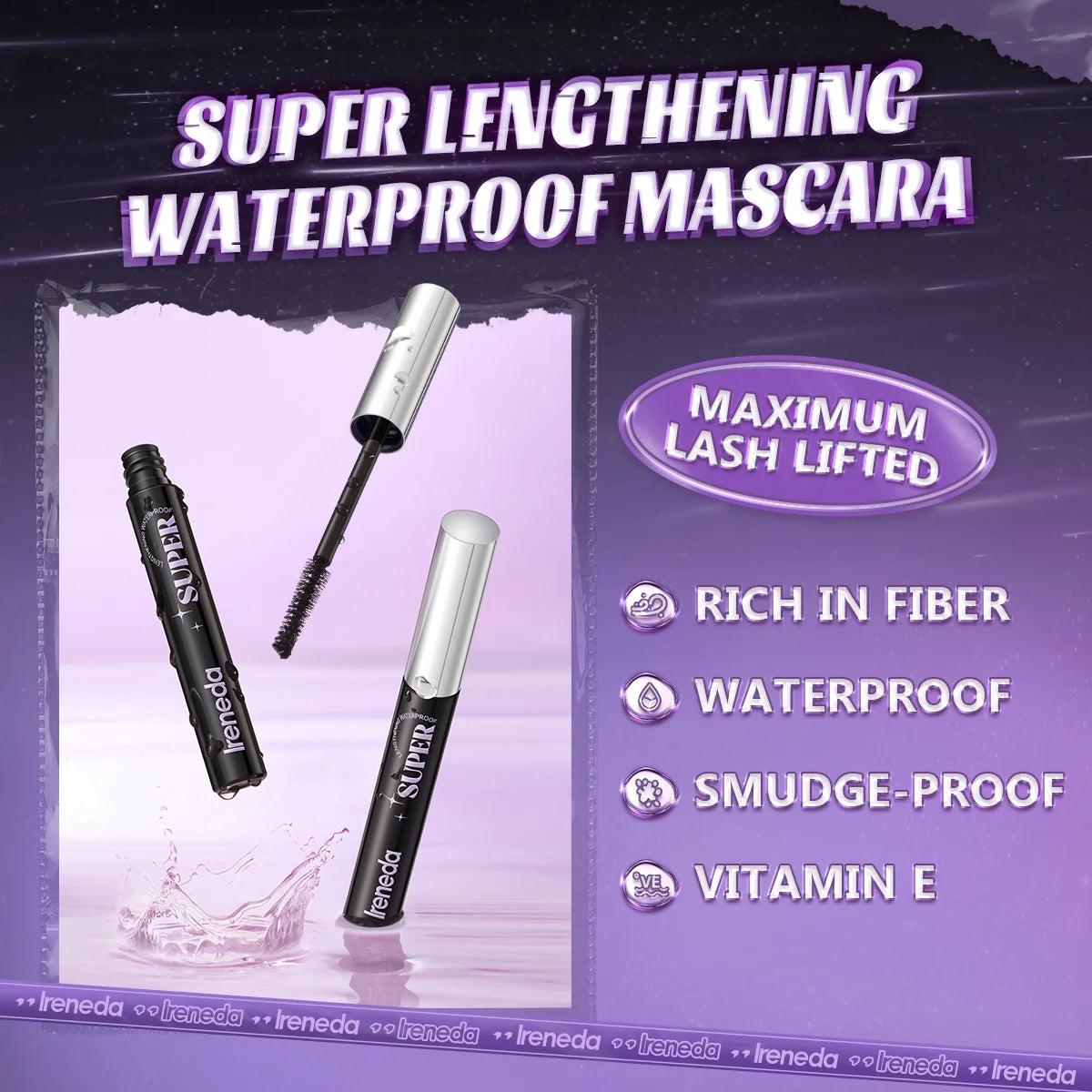 Ireneda Super Lengthening Waterproof Mascara – ultra-black, waterproof, smudge-proof formula for bold, voluminous lashes. Long-lasting, non-clumpy, and lightweight. Halal, vegan, and cruelty-free mascara in Pakistan.