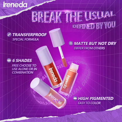 Ireneda Matte Liquid Lipstick – ultra-pigmented, long-lasting, transfer-proof, and lightweight formula. Comfortable matte finish for bold lips. Halal, vegan, and cruelty-free makeup in Pakistan.