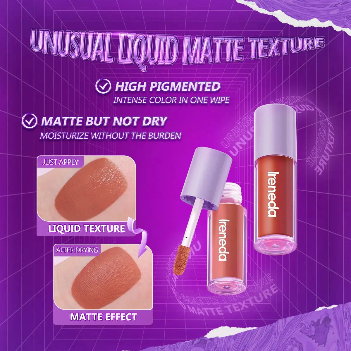 Ireneda Matte Liquid Lipstick – ultra-pigmented, long-lasting, transfer-proof, and lightweight formula. Comfortable matte finish for bold lips. Halal, vegan, and cruelty-free makeup in Pakistan.