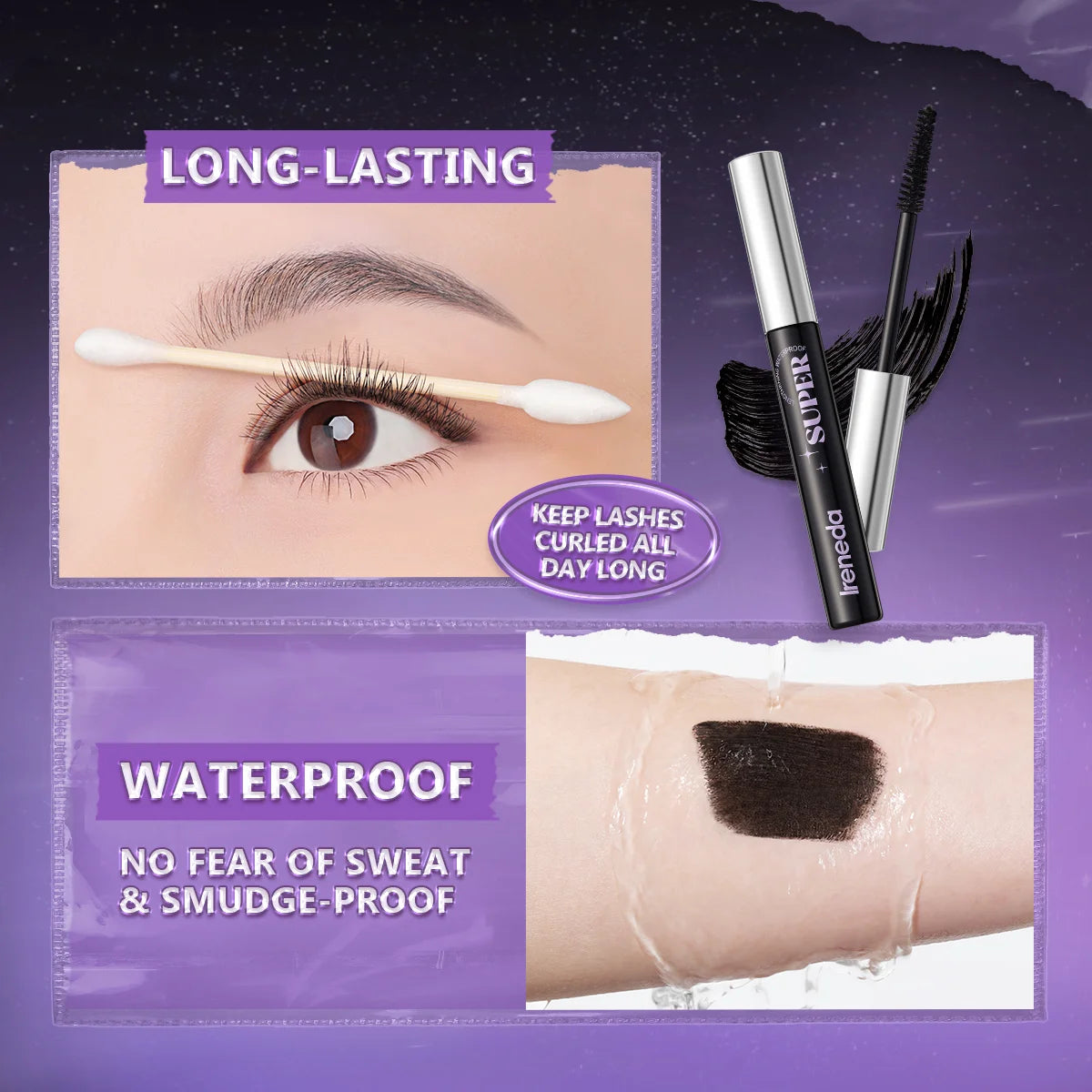 Ireneda Super Lengthening Waterproof Mascara – ultra-black, waterproof, smudge-proof formula for bold, voluminous lashes. Long-lasting, non-clumpy, and lightweight. Halal, vegan, and cruelty-free mascara in Pakistan.