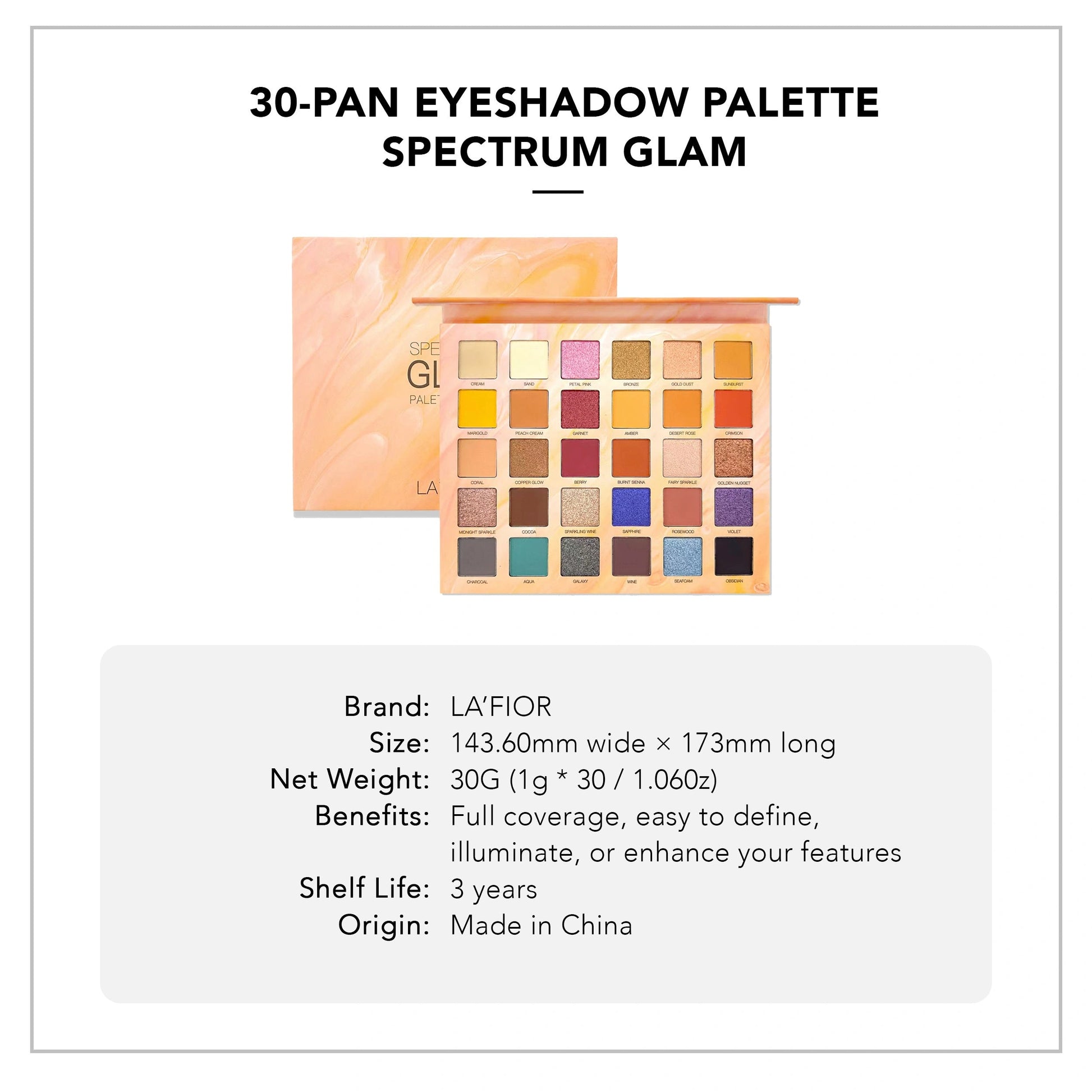 LA'FIOR Spectrum Glam 30 Colors Eyeshadow Palette – highly pigmented, blendable matte, shimmer & glitter eyeshadows for stunning eye makeup. Halal, vegan & cruelty-free in Pakistan.