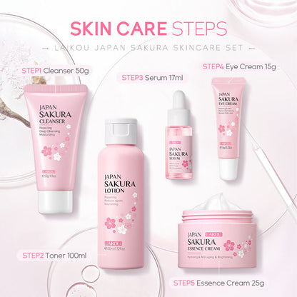 LAIKOU Japan Sakura 5-Piece Skincare Set – hydrating & brightening skincare routine with Japanese Sakura extract. Deeply moisturizes & revitalizes. Available in Pakistan.