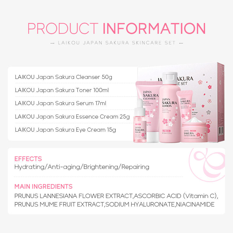 LAIKOU Japan Sakura 5-Piece Skincare Set – hydrating & brightening skincare routine with Japanese Sakura extract. Deeply moisturizes & revitalizes. Available in Pakistan.
