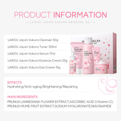 LAIKOU Japan Sakura 5-Piece Skincare Set – hydrating & brightening skincare routine with Japanese Sakura extract. Deeply moisturizes & revitalizes. Available in Pakistan.