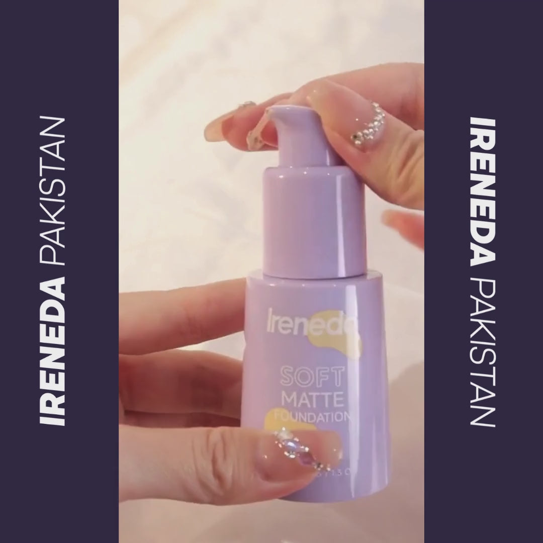 Ireneda Soft Matte Foundation – full-coverage, lightweight, oil-free foundation for a natural matte finish. Pore-blurring, sweat-proof & long-lasting. Halal, vegan, and cruelty-free makeup in Pakistan.