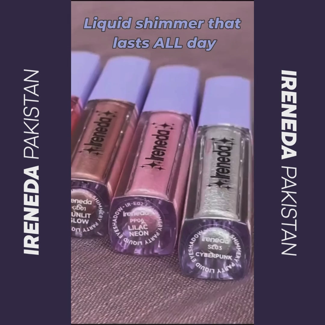Ireneda Shimmery Party Liquid Eyeshadow – ultra-glittery, long-lasting, crease-proof liquid eyeshadow for dazzling eye makeup. Lightweight, quick-drying, and blendable. Halal, vegan, and cruelty-free makeup in Pakistan.