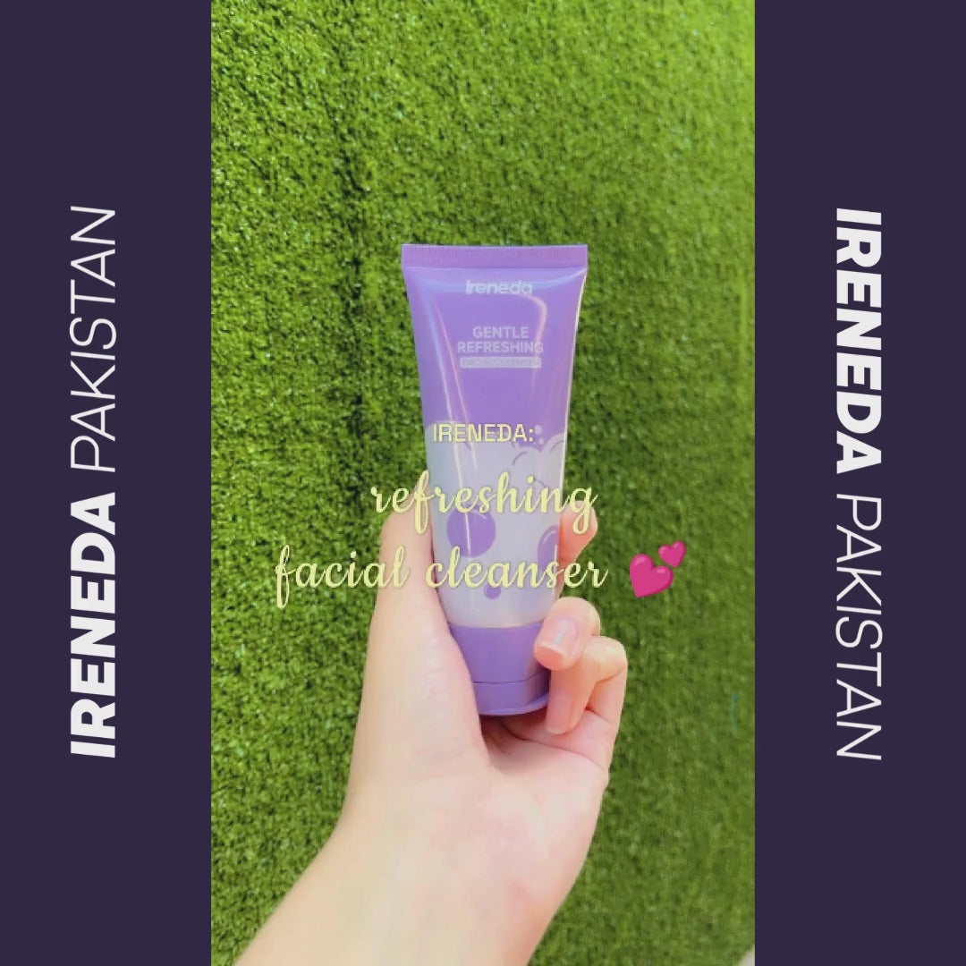 Ireneda Gentle Refreshing Facial Cleanser – deep cleansing, hydrating, and non-drying formula for all skin types. Removes dirt, oil, and makeup while keeping skin soft and refreshed. Halal, vegan, and cruelty-free skincare in Pakistan.