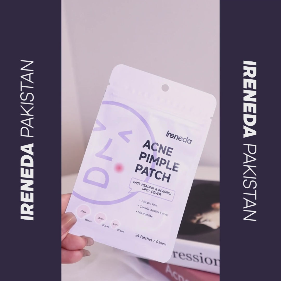 Ireneda Acne Pimple Patch – hydrocolloid spot treatment for fast pimple healing. Absorbs oil & impurities, reduces redness & prevents irritation. Halal, vegan, and cruelty-free skincare in Pakistan.