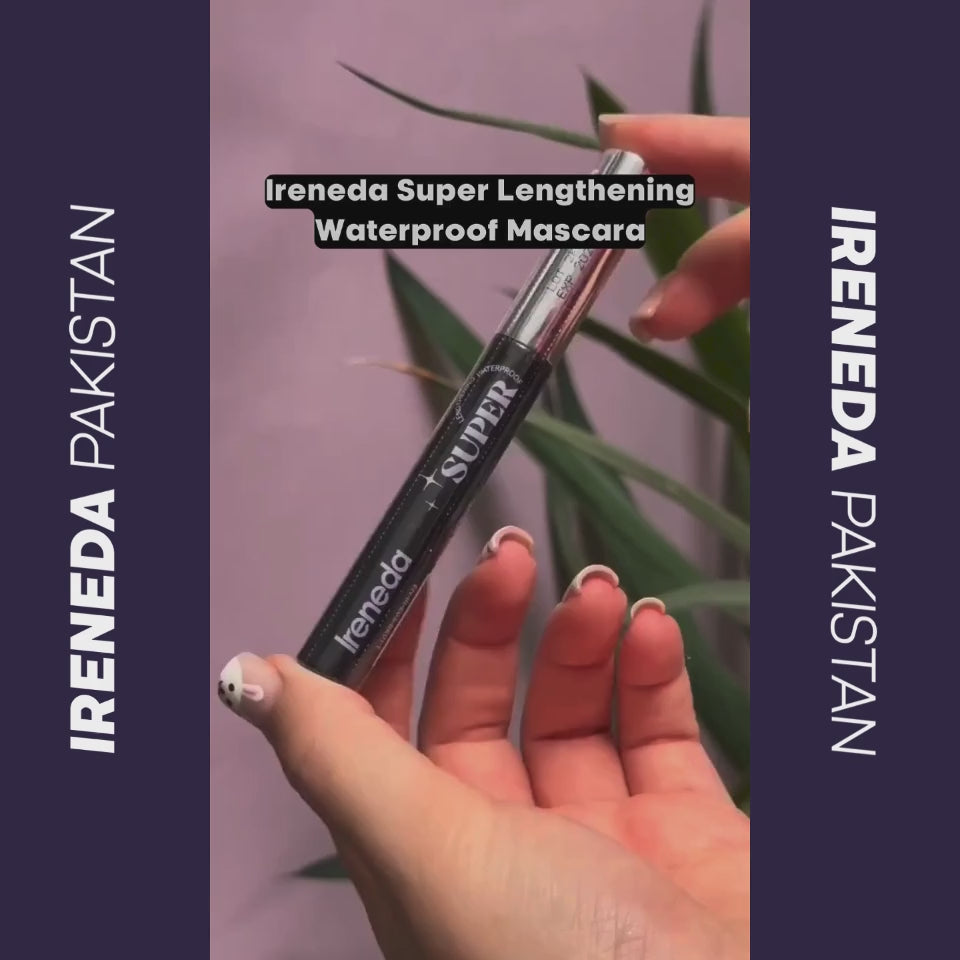 Ireneda Super Lengthening Waterproof Mascara – ultra-black, waterproof, smudge-proof formula for bold, voluminous lashes. Long-lasting, non-clumpy, and lightweight. Halal, vegan, and cruelty-free mascara in Pakistan.